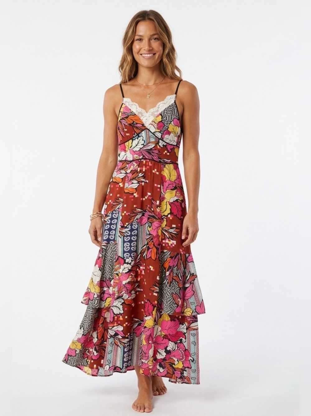 Strut & Bolt Floral Patchwork Lace Trim Tiered Maxi Dress Medium Boho